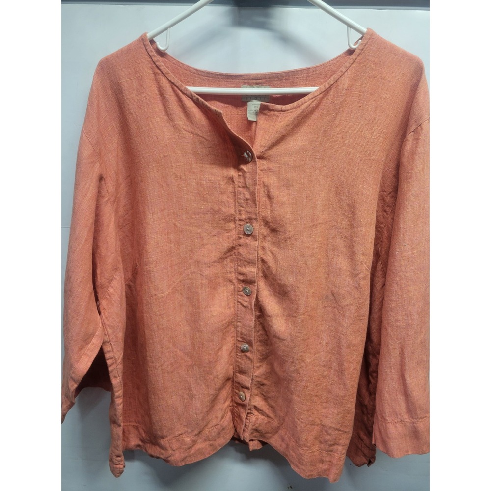 Sigrid Olsen Sport Women 2X Coral Orange 100% Linen Button‎ Front 3/4 Sleeve Top